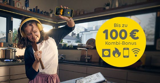 100-Euro-Kombi-Bonus Dekoratives Bild Mädchen schwingt tanzend den Kochlöffel und freut sich über Bonus von EWE
